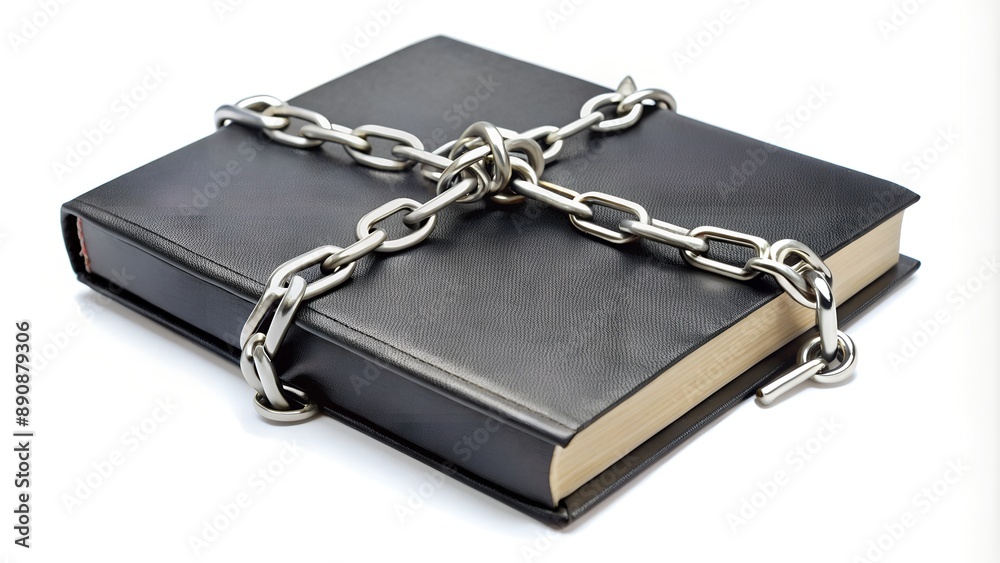 Closed book wrapped in metal chain symbolizing censorship Closed book wrapped in metal chain symbolizing censorship