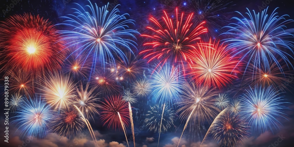 Vibrant red, white, and blue fireworks explode against a dark night sky, creating a patriotic background perfect for Independence Day or Memorial Day celebrations. Vibrant red, white, and blue fireworks explode against a dark night sky, creating a patriotic background perfect for Independence Day or Memorial Day celebrations.