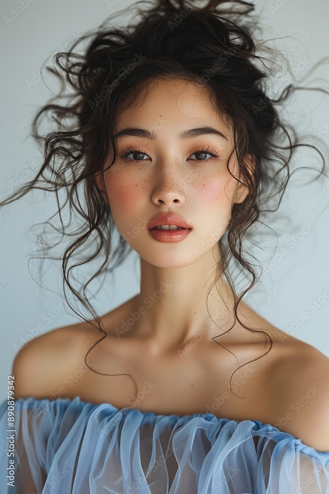 Portrait of beautiful Asian women with curly hair half up half down, rosy cheeks and bold lashes, blue organza cold shoulder top, Generative AI Portrait of beautiful Asian women with curly hair half up half down, rosy cheeks and bold lashes, blue organza cold shoulder top, Generative AI