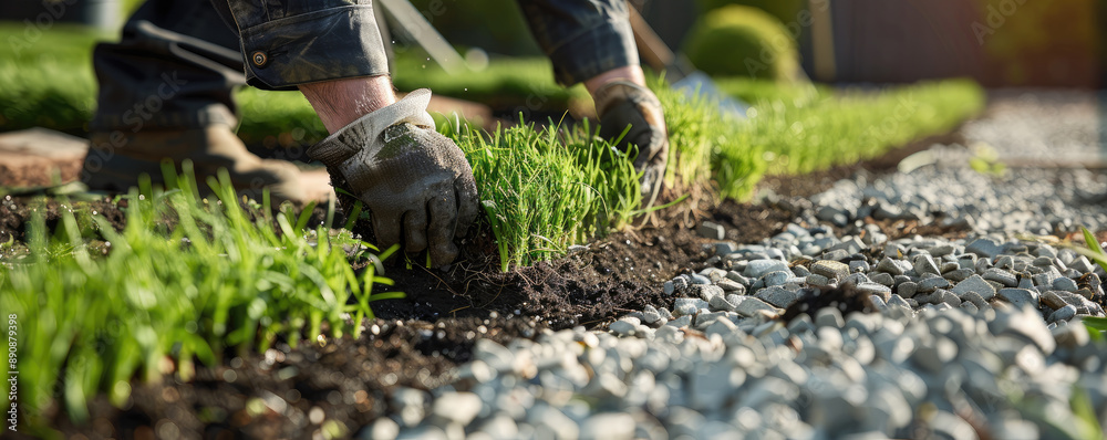 Gardener Planting Grass in a Beautifully Landscaped Garden with Gravel Pathway on a Sunny Day Gardener Planting Grass in a Beautifully Landscaped Garden with Gravel Pathway on a Sunny Day