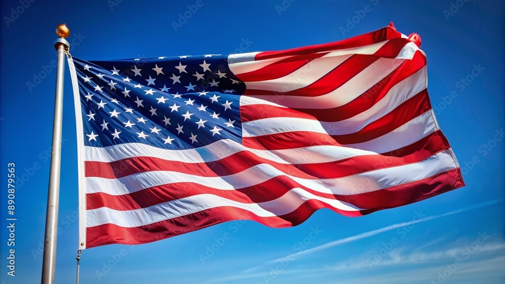 Fototapeta premium Patriotic American flag waving freely in the gusty wind against a clear blue sky, providing a proud and iconic symbol of freedom and independence on a white background.
