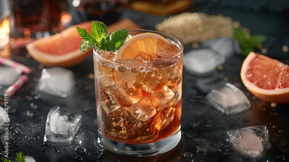 Refreshing Cocktail with Ice Cubes, Mint, and Grapefruit Slice on Dark Background Refreshing Cocktail with Ice Cubes, Mint, and Grapefruit Slice on Dark Background