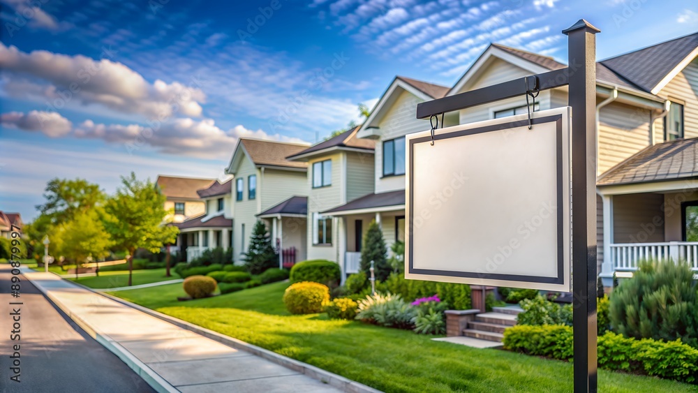 Blank real estate sign displaying new house for sale in the suburbs