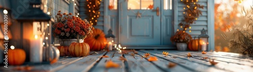 Autumnal porch with pumpkins, lanterns, and fall decor.