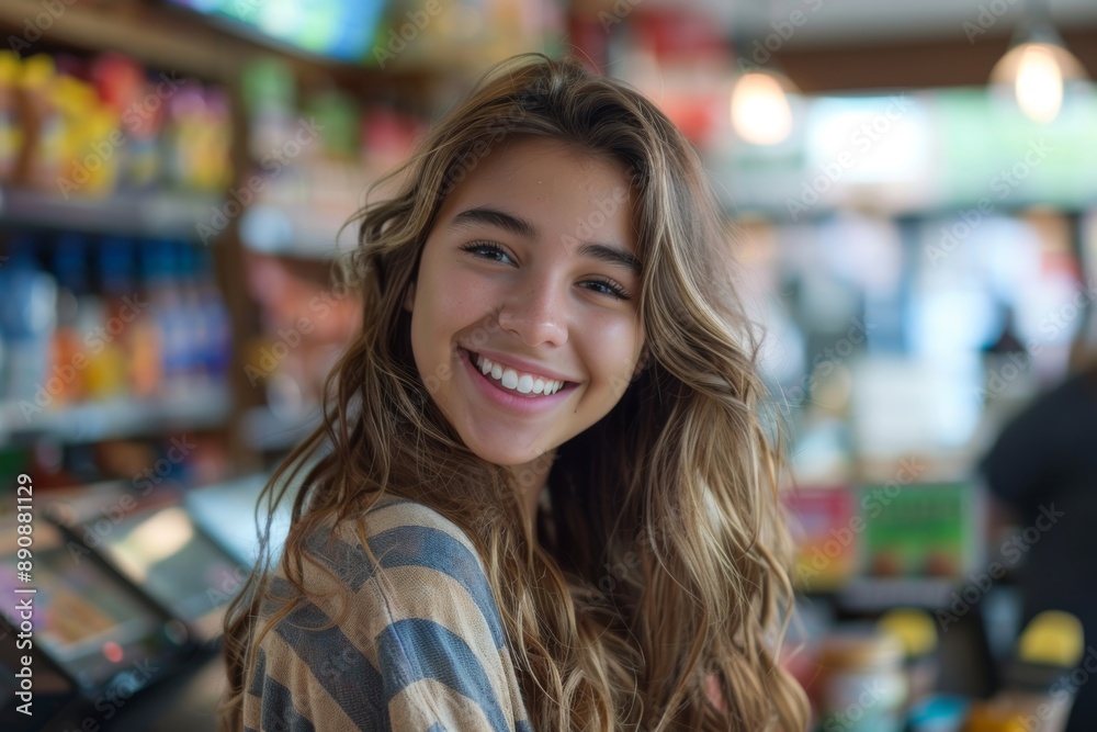 Smiling, young and attractive saleswoman, cashier serving customers. AI generativ, Generative AI