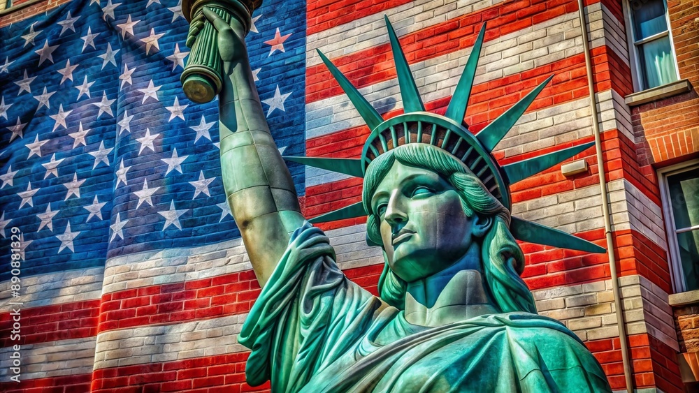 Obraz premium Vibrant mural of iconic liberty statue and waving national flag covers urban building facade, symbolizing freedom and patriotism in bold street art expression.