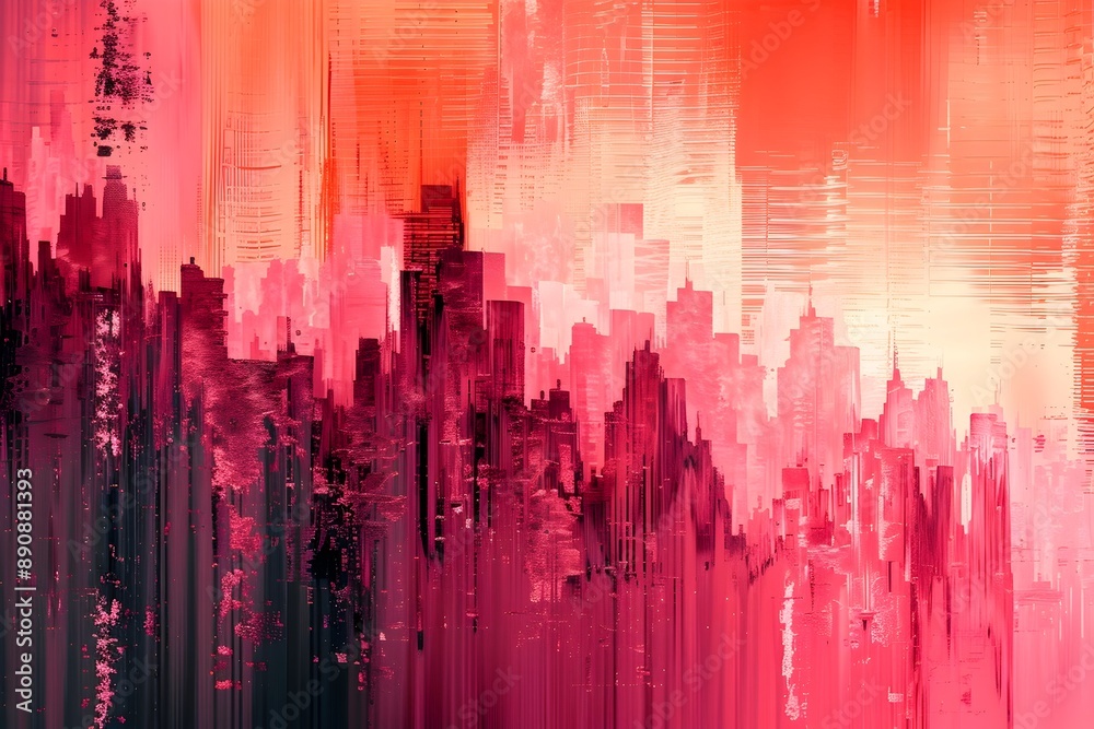 Obraz premium Bold Gradient Glitch Pixels in a Futuristic Urban Landscape with Generative Algorithms and Procedural Rendering