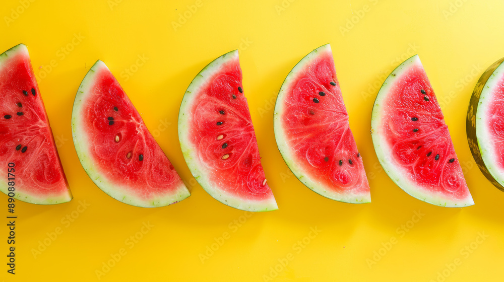 Slices of bright red watermelon are lined up on a yellow background. Slices of bright red watermelon are lined up on a yellow background.
