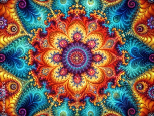 Vibrant, swirling fractal patterns explode in a kaleidoscope of colors, mesmerizing geometric shapes and intricate details blending in dazzling, cosmic, abstract digital artwork.