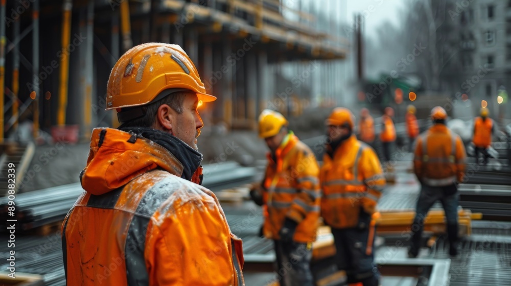 group of construction workers at finnish construction site group of construction workers at finnish construction site