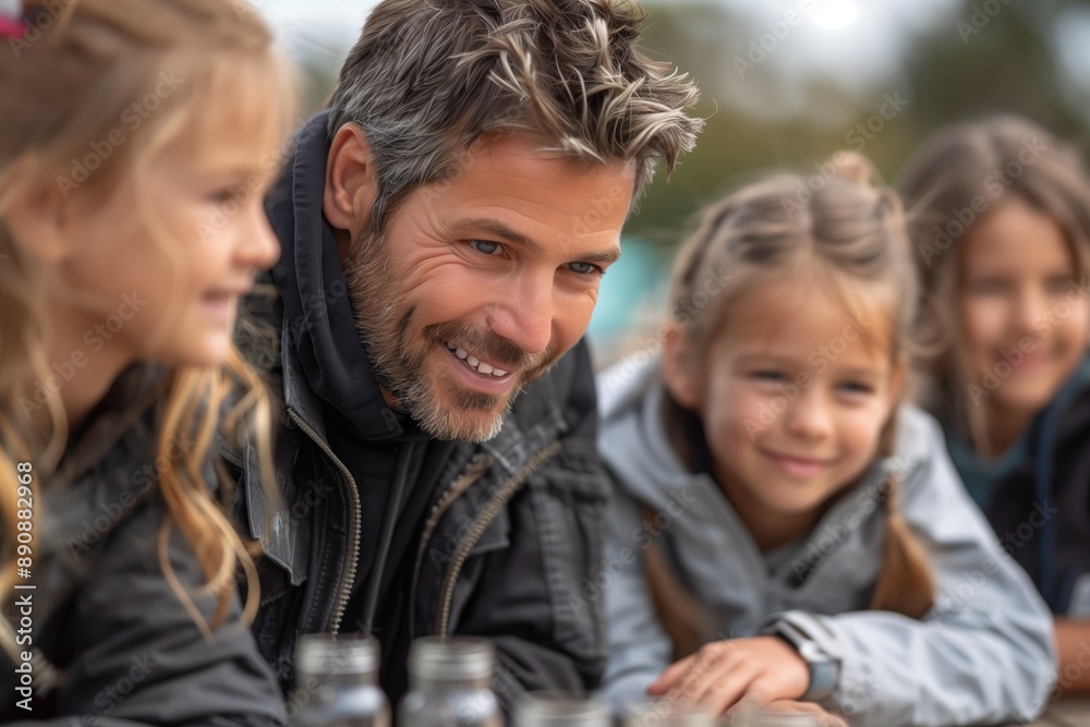 Happy Family Man and Daughters Looking at Something Together During Outdoor Activity Happy Family Man and Daughters Looking at Something Together During Outdoor Activity