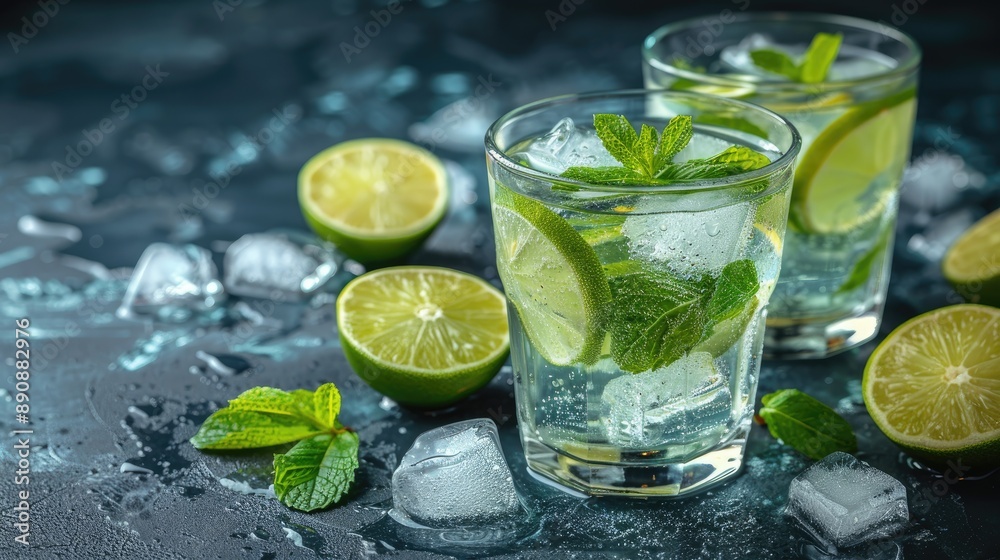 Homemade lemonade or mojito cocktail with lime, mint, and ice cubes in a glass on a light stone table. Fresh summer drink with copy space Homemade lemonade or mojito cocktail with lime, mint, and ice cubes in a glass on a light stone table. Fresh summer drink with copy space