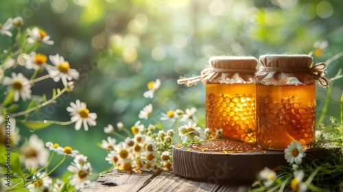 Two honey pots with honeycomb and bee pollen on a wooden table