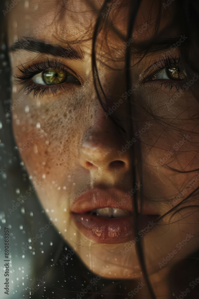 Close-up portrait of a woman with wet hair and freckles, looking intensely at the camera. Close-up portrait of a woman with wet hair and freckles, looking intensely at the camera.