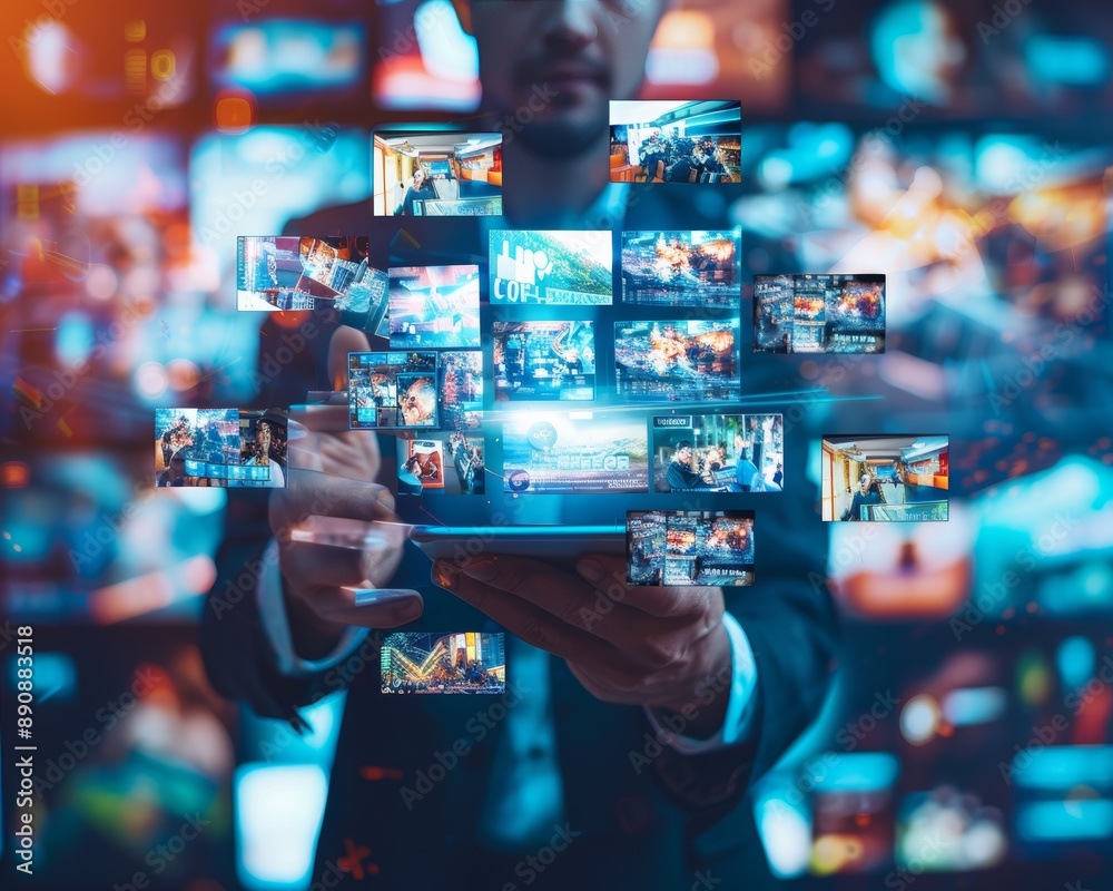 Businessman leveraging video content and social media on smart devices in vibrant setting Businessman leveraging video content and social media on smart devices in vibrant setting