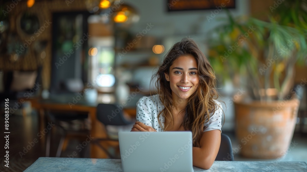 Young girl business woman student sitting at table at home office Young girl business woman student sitting at table at home office