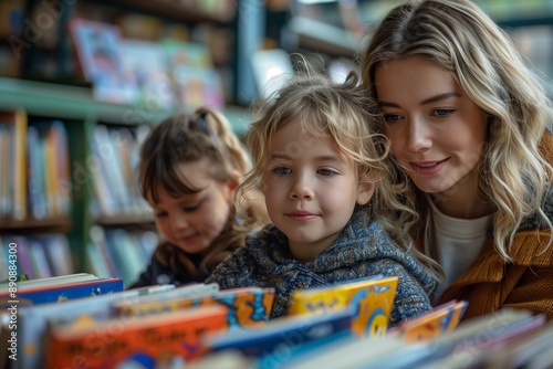 Young Girl Browsing Colorful Books With Her Mother in a Bookstore