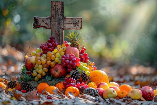 Church Thanksgiving Day bountiful fruit decoration and background with bible and jesus cross, Generative AI photo