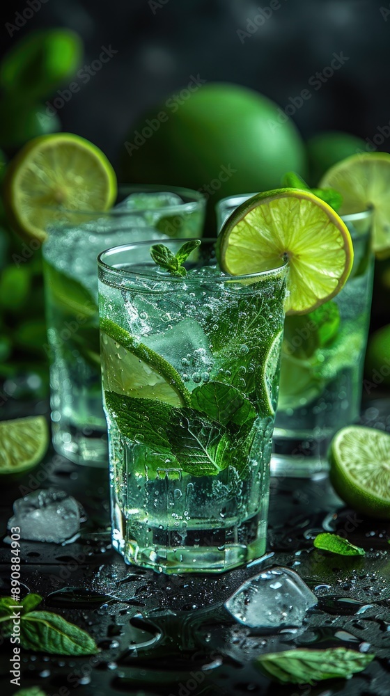 Homemade lemonade or mojito cocktail with lime, mint and ice cubes in a glass on a light stone table. Fresh summer drink Homemade lemonade or mojito cocktail with lime, mint and ice cubes in a glass on a light stone table. Fresh summer drink