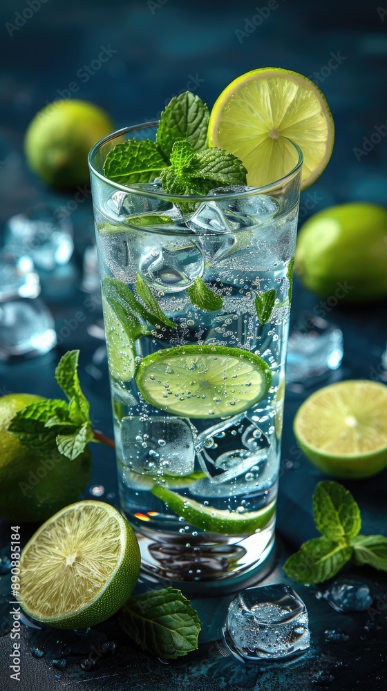 Homemade lemonade or mojito cocktail with lime, mint and ice cubes in a glass on a light stone table. Fresh summer drink Homemade lemonade or mojito cocktail with lime, mint and ice cubes in a glass on a light stone table. Fresh summer drink