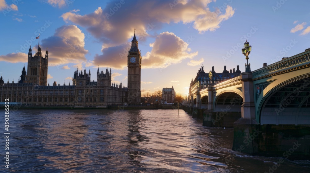 Naklejka premium Stunning view of London at sunset. Beautiful cityscape featuring Big Ben and the Thames River. Ideal for travel magazines and tourism brochures. AI
