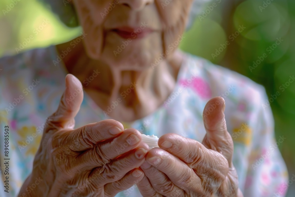 Fototapeta premium An elderly woman lifts her hands in a gesture of hope or surrender, suitable for use in scenes about spirituality, inspiration, or storytelling