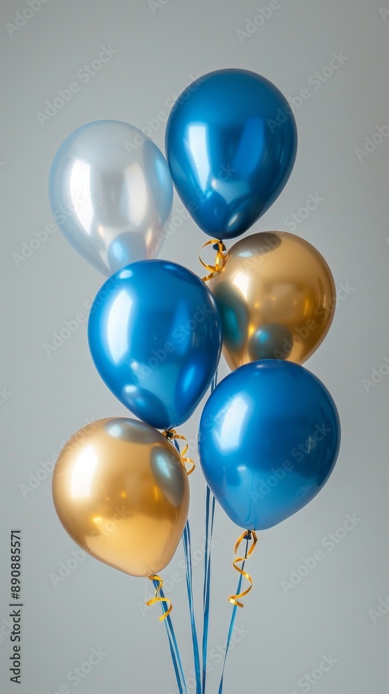 A bunch of balloons with gold and blue ribbons. Perfect for birthday parties, celebrations, and festive occasions, Generative AI A bunch of balloons with gold and blue ribbons. Perfect for birthday parties, celebrations, and festive occasions, Generative AI