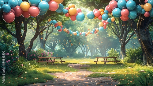 Festive birthday party invitation with an open area park decorated with balloons and picnic tables with a writing space in the center to include joyful birthday wishes and event details