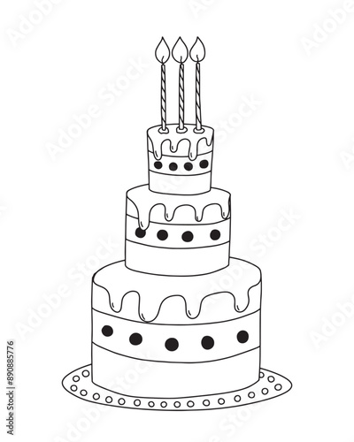 Three tier cake with tree candles hand drawn vector illustration