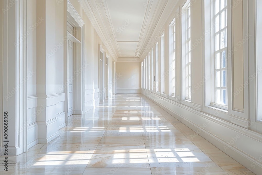 A long hallway with white walls and windows. Suitable for architectural designs and interior concepts, Generative AI A long hallway with white walls and windows. Suitable for architectural designs and interior concepts, Generative AI