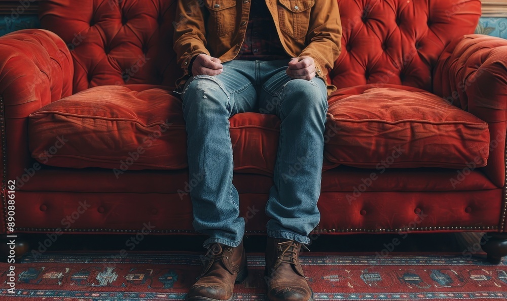 A man is sitting on a red couch, holding his hands. This image can be used to depict relaxation, contemplation, or waiting, Generative AI A man is sitting on a red couch, holding his hands. This image can be used to depict relaxation, contemplation, or waiting, Generative AI