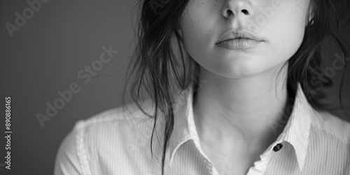A black and white photo of a woman wearing a white shirt. Suitable for various uses, Generative AI