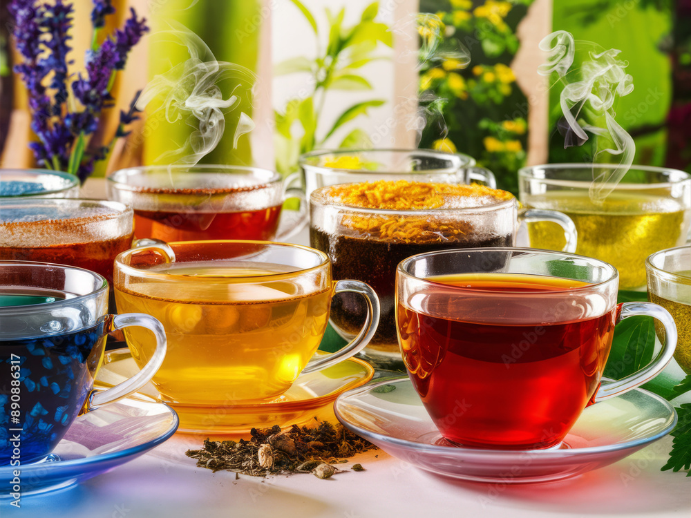 Display of Various Herbal Teas in Glass Cups, Aromatic and Refreshing Beverages Display of Various Herbal Teas in Glass Cups, Aromatic and Refreshing Beverages