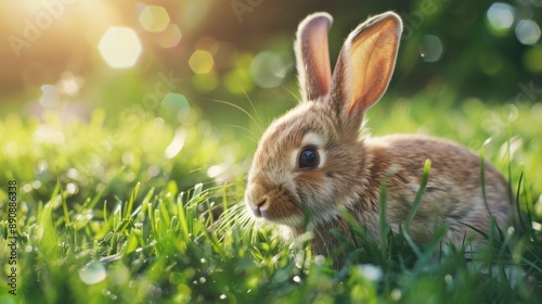 Little rabbit on green grass in summer day --ar 16:9 Job ID: 7d03bad2-b9d5-4cd2-ae2e-df58c7db70b5