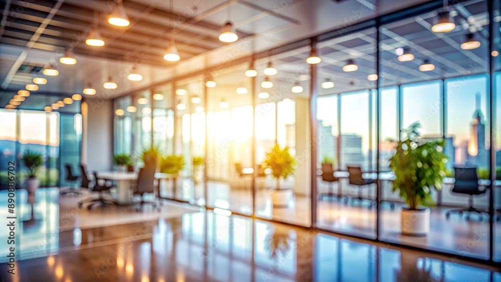Modern open space office with cityscape view at sunset Modern open space office with cityscape view at sunset