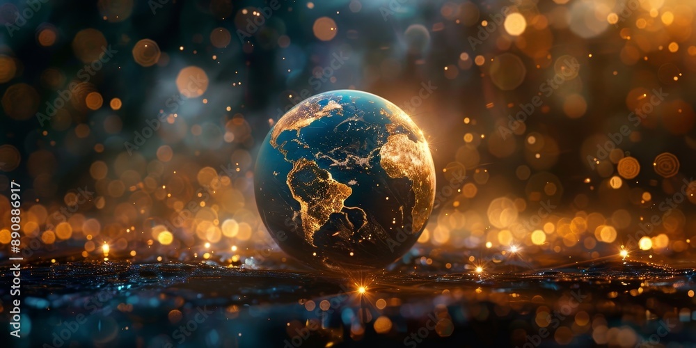 A captivating image of a blue and gold globe illuminated by surrounding lights. Perfect for various design projects and presentations, Generative AI