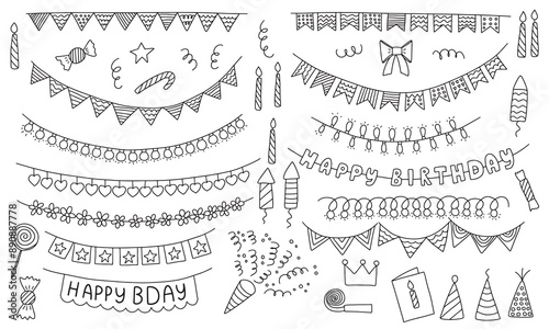 Big birthday doodle garlands decoration vector set. Different kinds of garlands with flags and lamps hand drawn stytle