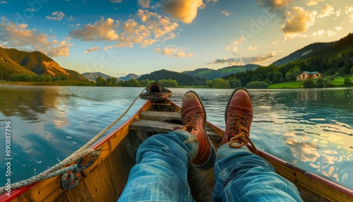 Fototapeta Naklejka Na Ścianę i Meble -  Man s feet in leather boots and jeans on wooden boat, enjoying lake view at sunrise