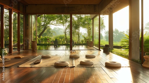 A beautiful yoga studio with a view of the lush green jungle outside. The studio is made of natural materials and has a warm and inviting atmosphere.