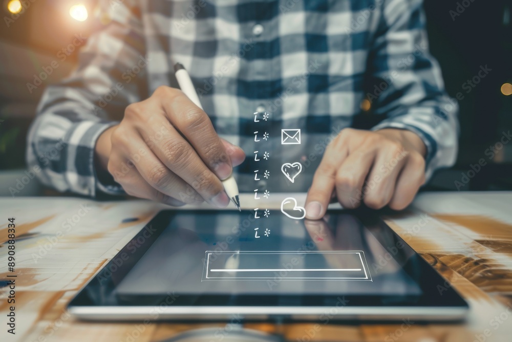 A business professional's hands filling out an online survey on a tablet. A business professional's hands filling out an online survey on a tablet.