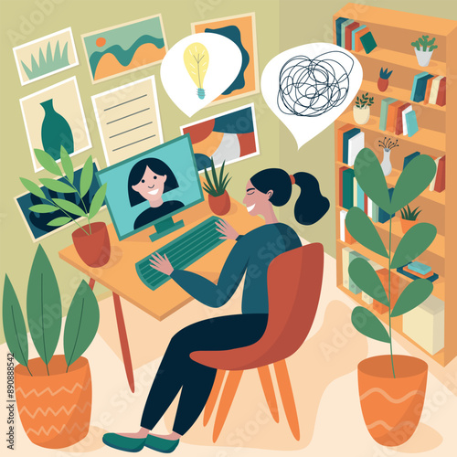 Woman having online session with psychologist in her home office flat illustration