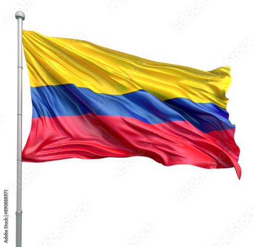 National flag of Colombia waving on a flagpole.