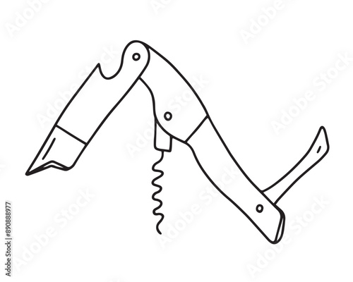 Sommelier knife vector sketch. Hand drawn corkscrew illustration