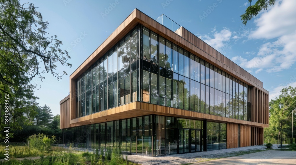 Modern office building with glass facade in a natural setting. Contemporary architectural style with wood accents and spacious design. Ideal for commercial use or corporate offices. AI. Modern office building with glass facade in a natural setting. Contemporary architectural style with wood accents and spacious design. Ideal for commercial use or corporate offices. AI.