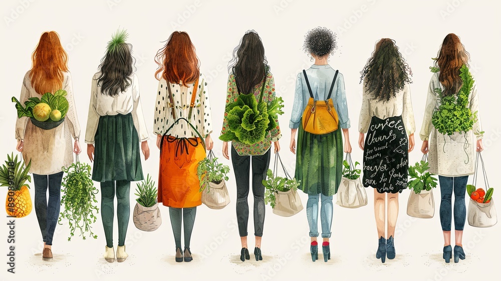 Fototapeta premium vector, illustration, Women and bags with vegetables and greens. Natural organic and vegetarian food, healthy mindful eating concept. Handwritten quotes, element of seamless pattern. Vector illustrati