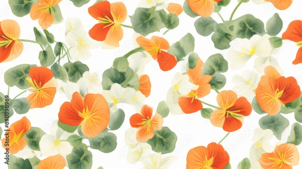 Patterns of bright orange and green-leaved Nasturtium flowers adorn the background with dazzling beauty, creating an atmosphere full of vibrancy and happiness. Patterns of bright orange and green-leaved Nasturtium flowers adorn the background with dazzling beauty, creating an atmosphere full of vibrancy and happiness.