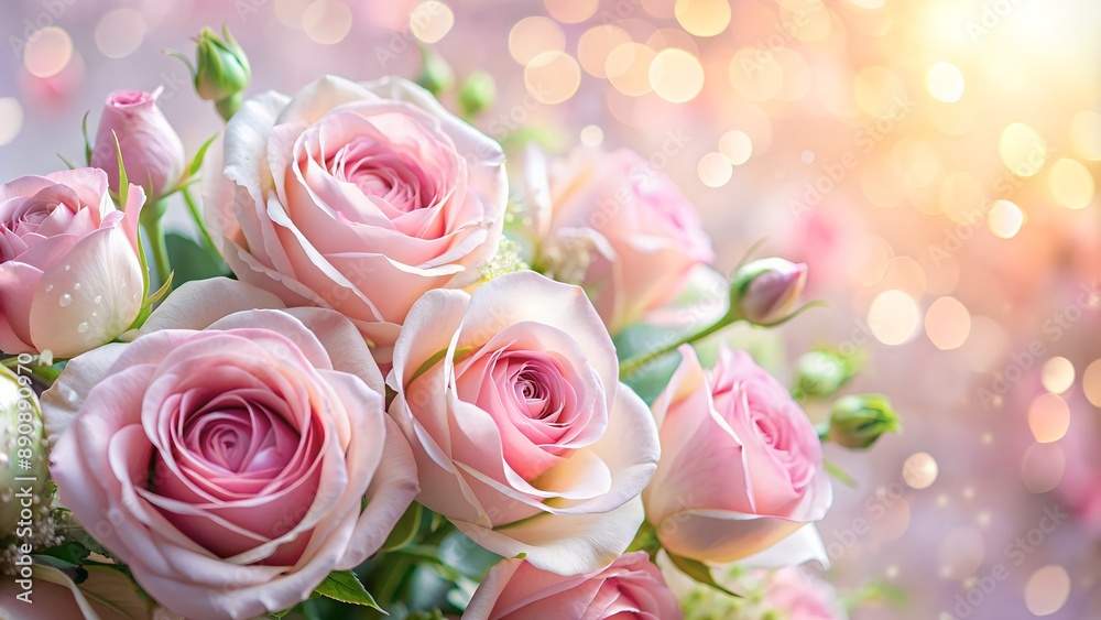 Bouquet of pink roses blooming on golden bokeh background