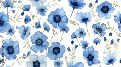 This background is filled with charming patterns of Nemophila flowers, with soft blue colors and fresh green leaves, creating an atmosphere full of beauty and tranquility.