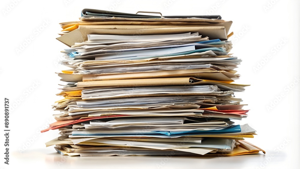 Stack of files and folders creating huge mess on white background Stack of files and folders creating huge mess on white background