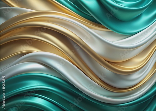 Elegant, smooth, and luxurious textured background featuring waves and curves of turquoise, white, and gold soft silk or satin fabric in a 3D arrangement.
